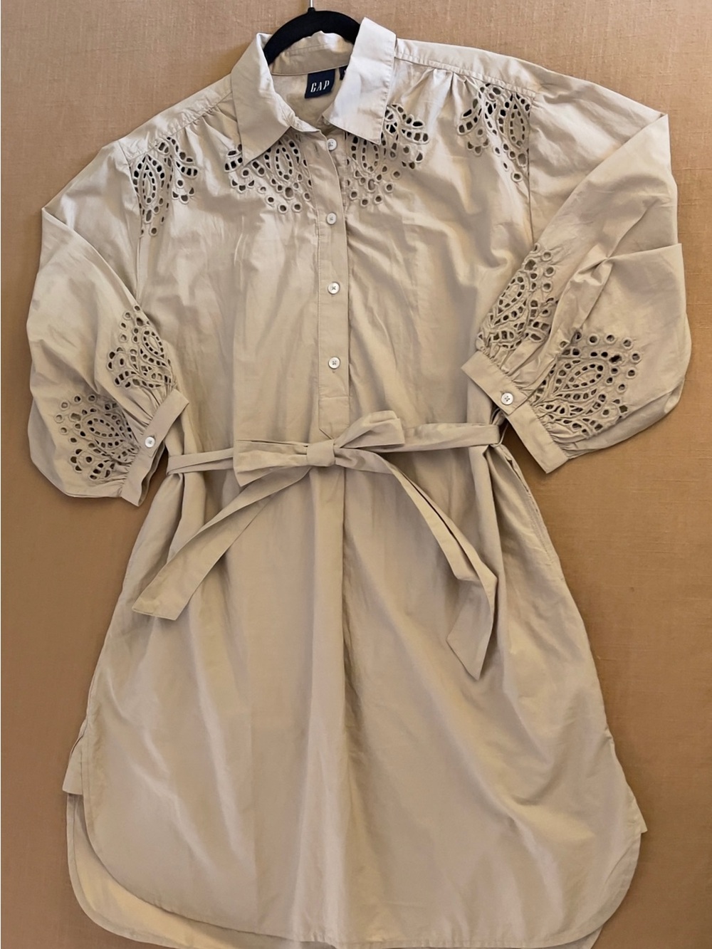 GAP Cream Eyelet Midi Shirt Dress with Waist Tie